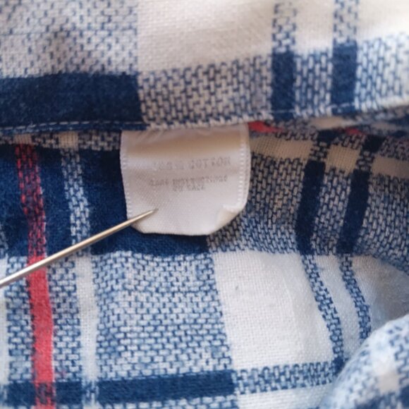 XS Vintage 70's Blue Top Plaid Buttery Flannel Button-Up Shirt Distress Repairs - Picture 8 of 9